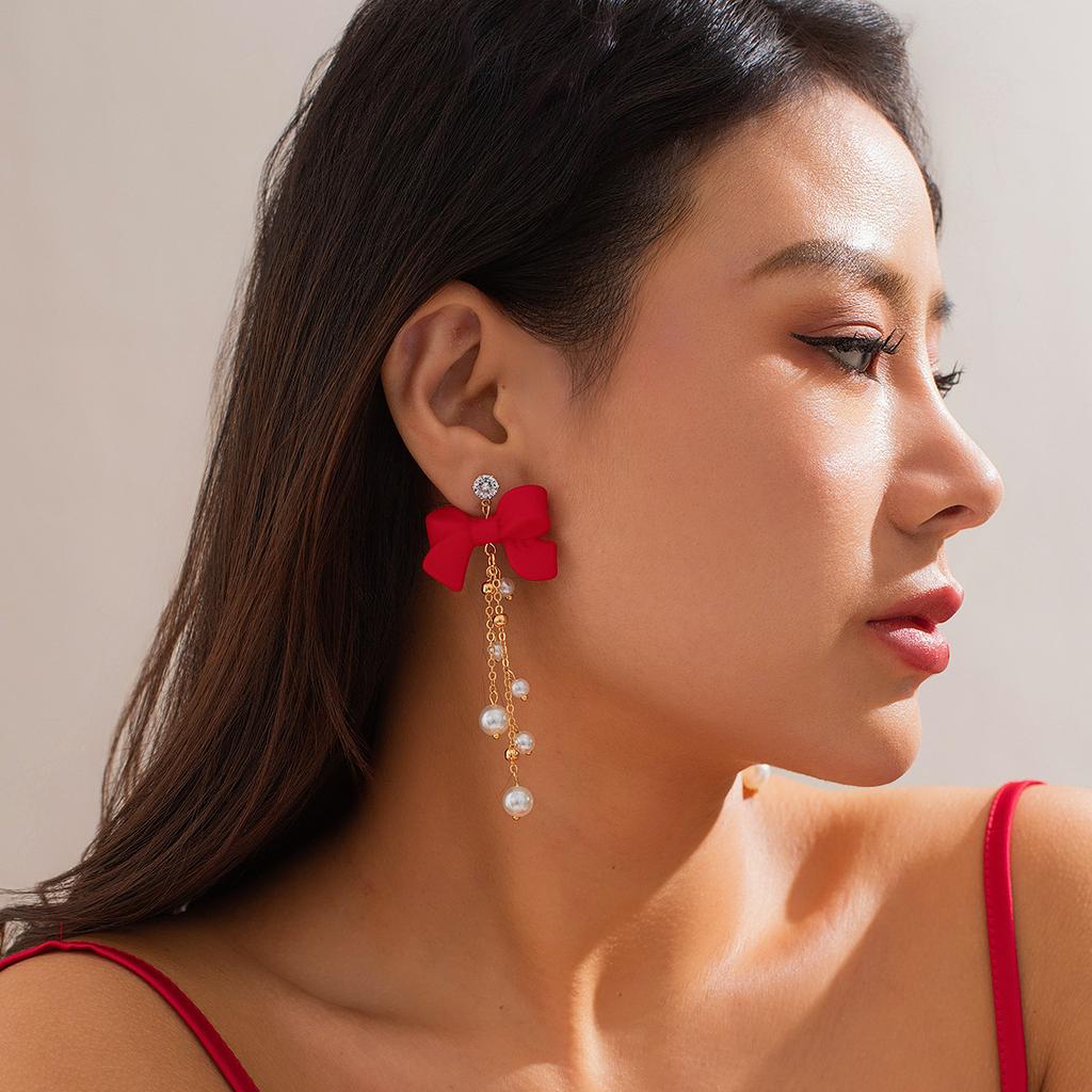 Accessories Sweet Cool New Year Red Bow Stud Earrings Temperament Imitation Pearl Fringed Earrings