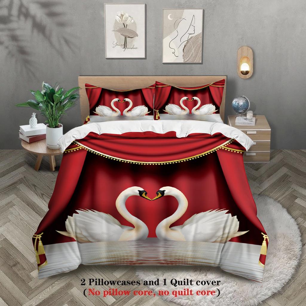 3pcs Swan Couple Bedding Sets 3D Printed Romantic King Full Size For Couples Gifts Duvet Cover With 2 Pillowcases Bedroom Decor