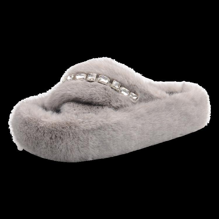 Internet Celebrity Drill Cross Fluffy Slippers Women Wear 2025 Autumn New Versatile Thick Bottom Plush Cotton Slippers Women Trend
