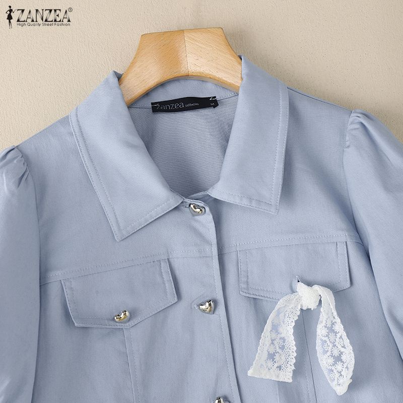 ZANZEA Women Turn Down Collar Casual Short Sleeve Lace Bow Cropped Blouse