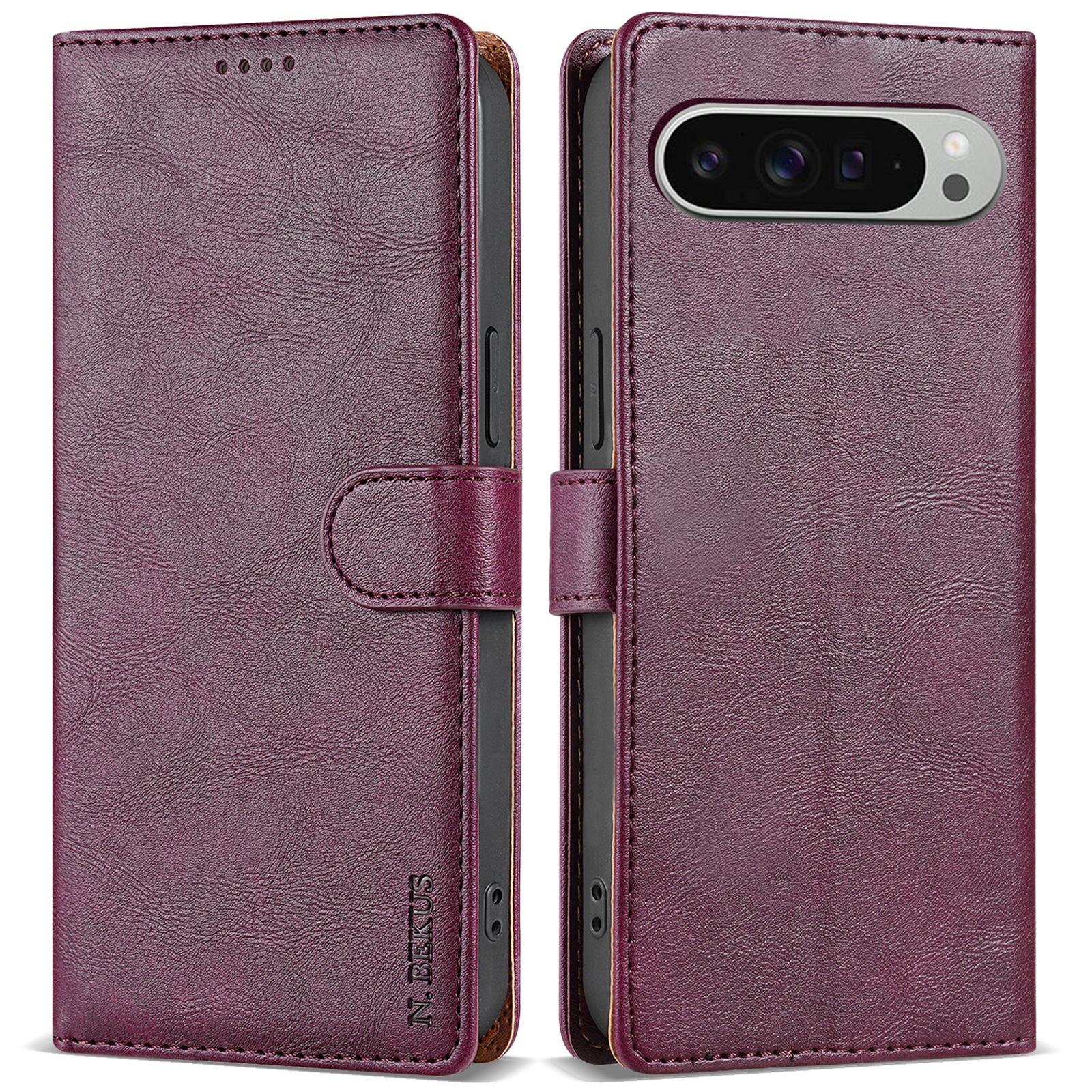 

N.BEKUS CSJ-001 For Google Pixel 9/9 Pro Stand Case PU Leather Wallet Phone Cover Wine Red
