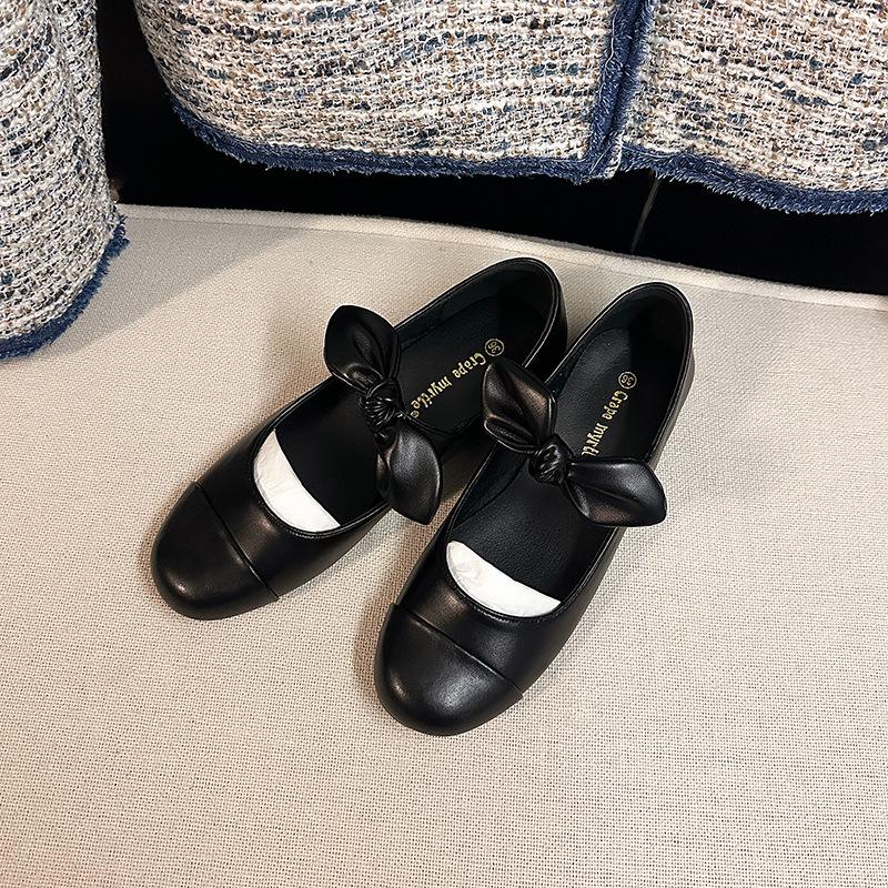 Cowhide 2025 Spring Bow Ballet Flats: Women's Genuine Leather Round Toe Mary Janes