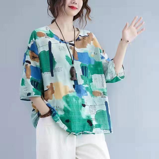 Pure Cotton Summer Loose Plus Size Women's Retro Printed Age-reducing Short-sleeved T-shirt