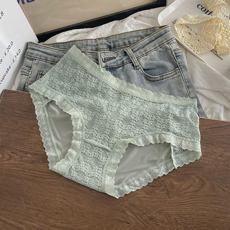 Französische Satin-Spitzen-Unterhose für Damen, mittlere Taille, reines Verlangen, schwarz, sexy Spitze, leicht durchgehöhlte Mädchen-Slips