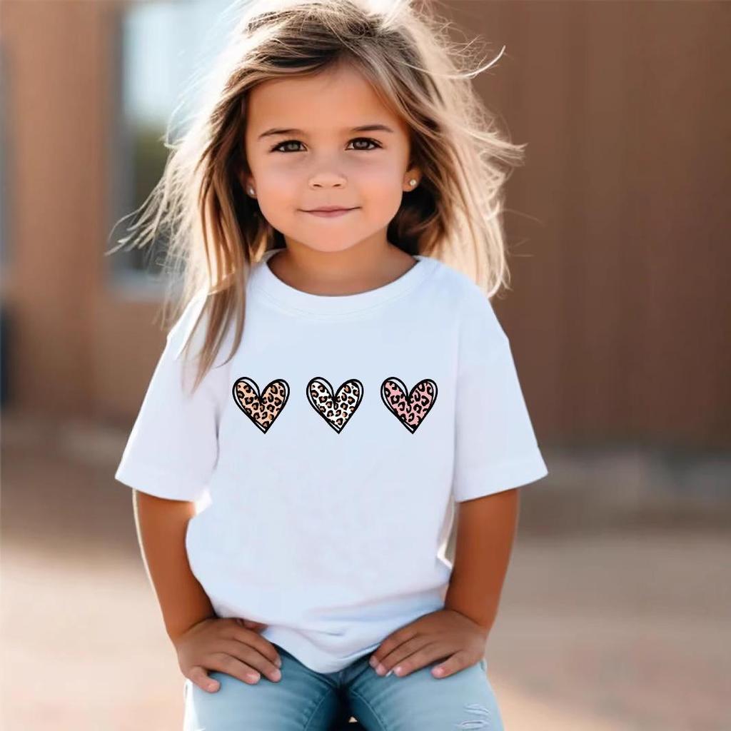 Leopard Heart Pattern Girls' T-Shirt, Short-Sleeved, Ages 1-8