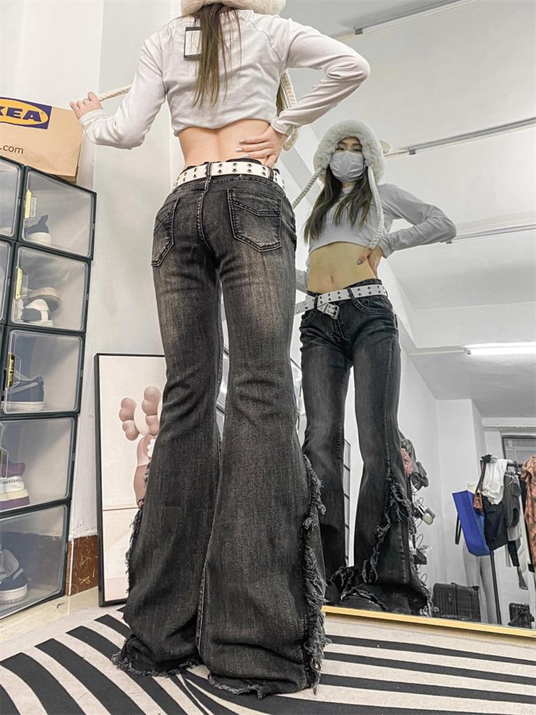 JIYUTOR Ausgestellte Jeans mit Bootcut und koreanischem Fransenbesatz, Damen Low-Waist Schlaghosen, Passform, Taschen, Lässig, Stil, Schlankmachend, (Größe 8, Schwarz)