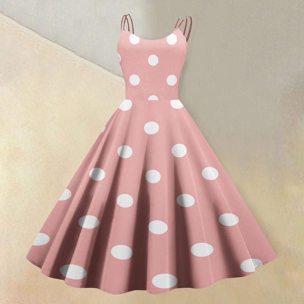 Mouwloze Stippenprint Jurk met Ronde Hals Vintage Stijl Fit and Flare Midi Jurk voor Dames Casual Kleding