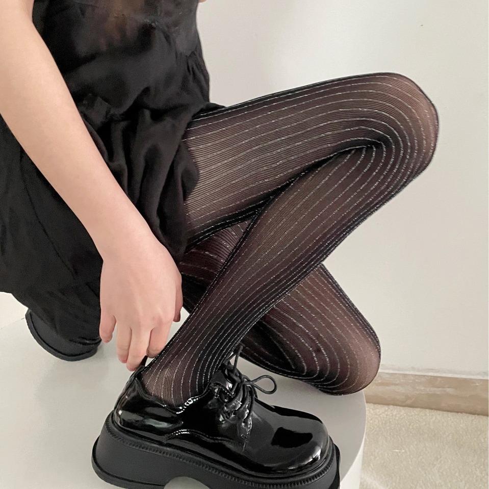 Spring/Summer New Luxury Black Nylon Thin Stockings Silver Thread Vertical Stripe Pantyhose Shiny Durable Snag-Resistant