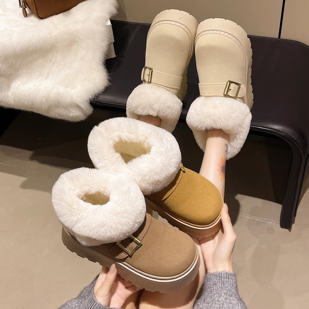 Large size snow boots versatile thick-soled splicing fluff heightening snow boots women's autumn and winter velvet cotton shoes