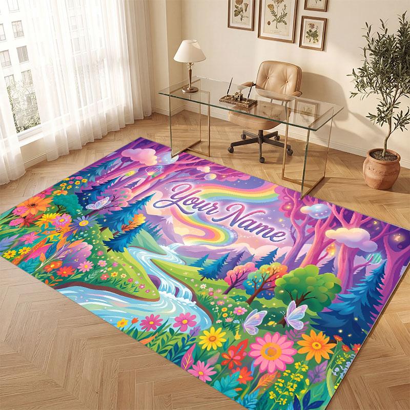 Mushroom Forest Theme Crystal Velvet Floor Rug Personalized Custom Name Text Warm Carpet Home Decoration