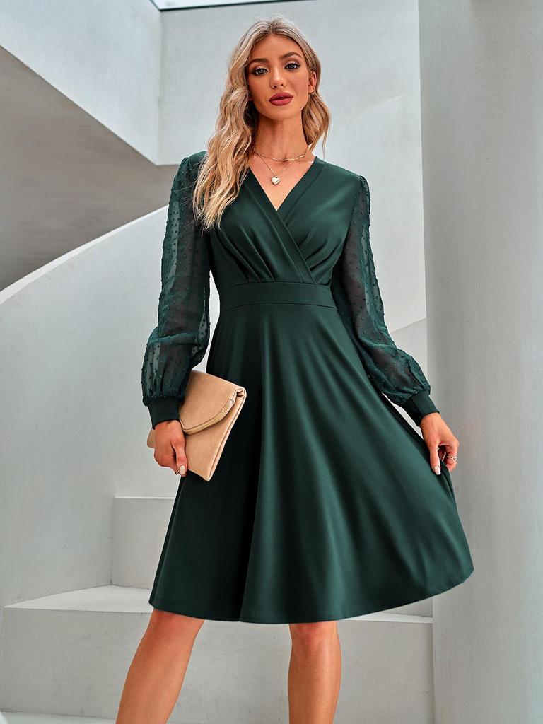 Women's 2024 Autumn/Winter New Casual V-Neck Solid Color Jacquard Dress