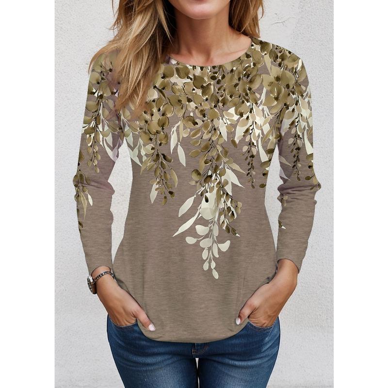 2025 Women's T shirt Tee Floral Print Long Sleeve Basic Sweatshirt Fashion Round Neck Regular Fit Floral Painting