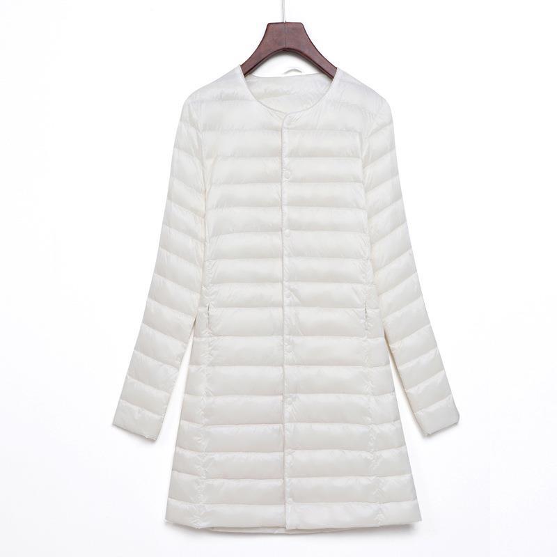 2025 New Down Jacket Women's Light, Medium and Long Fashion Korean Version of Thin White Duck Down Snap-button Round Neck Warm Jacket