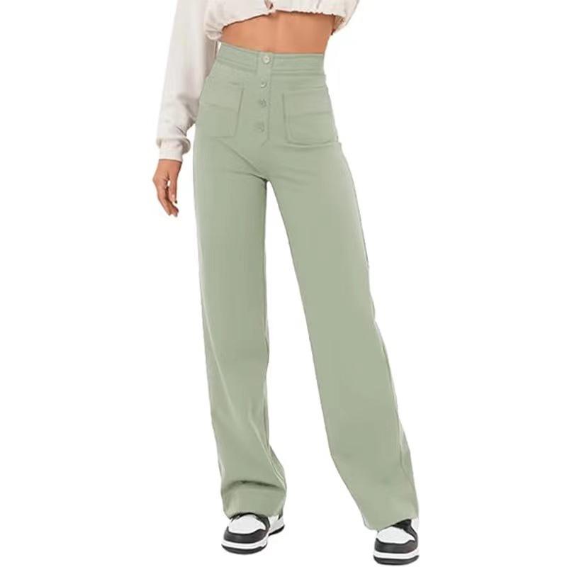 2024 Fashion Women's High-Waist Casual Straight Pants with Elastic Belt and Multiple Pockets