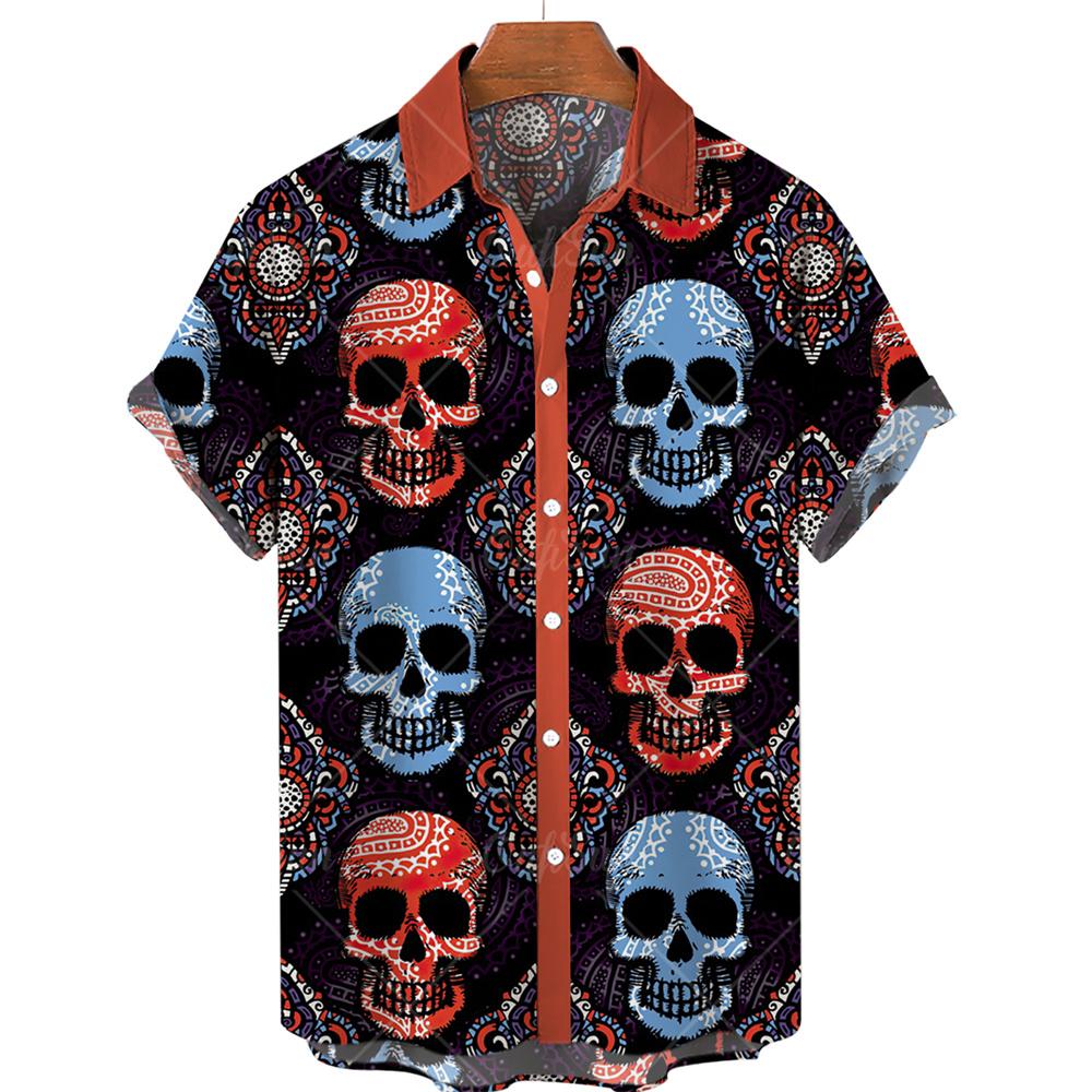 

Fun Skull Pattern Print Men s Shirts Hawaii Short Sleeve Top Fashion Streetwear Casual Outdoor Men s and Women s Clothing S