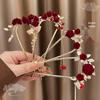 Elegant Red Rose Tassel Hairpin - U-shaped Hair Accessory for Women, Perfect for Updos and Traditional Attire.
