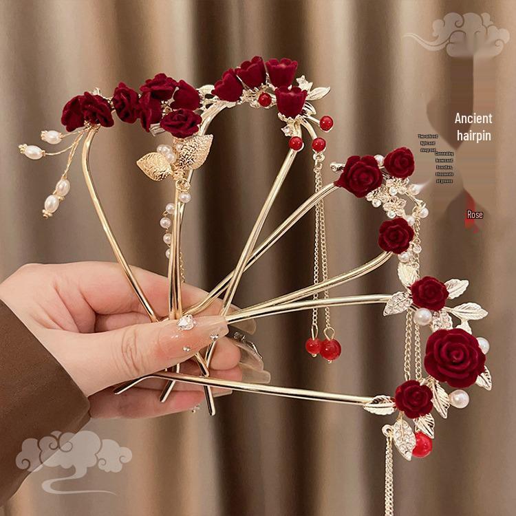 Elegant Red Rose Tassel Hairpin - U-shaped Hair Accessory for Women, Perfect for Updos and Traditional Attire.