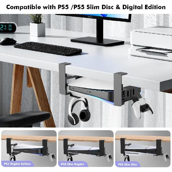 Semaiki Metal Stand Horizontal, Under Desk Storage kit Compatible with PS5/PS5 Slim Consol- Disc & Digital Editions, with Controller, Earphone Dock,