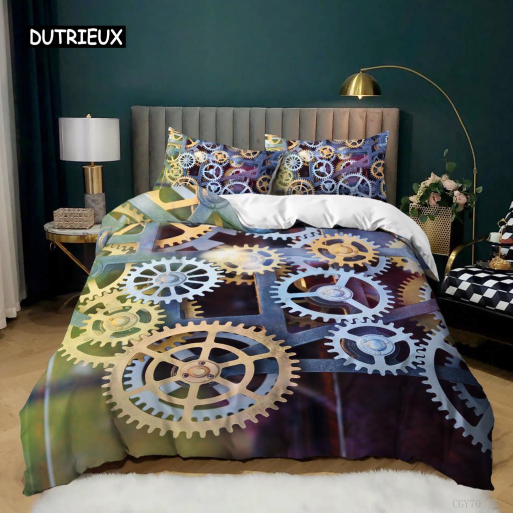 Gear Duvet Cover Set Colorful Gear Mechanical Device Bedding Set for Kids Boys Men Queen King Size Chic Microfiber Quilt Cover