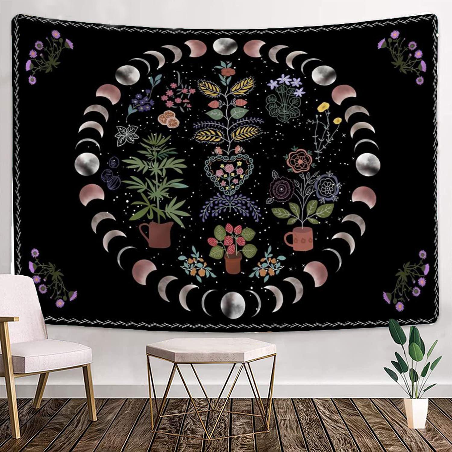 

Растительный гобелен в стиле бохо, Луна и Солнце, настенное искусство, подвесные гобелены, мандала, эстетический декор комнаты, украшение для спальни, аксессуары, одеяло 95x73cm