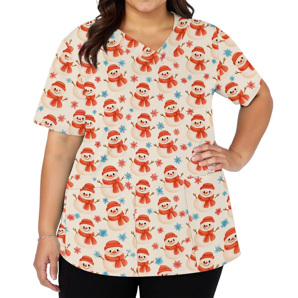 Women's Christmas Print V-Neck Short Sleeve Work Shirt with Pockets Caregiver Uniform Top