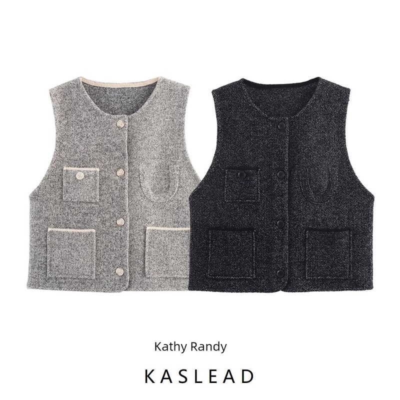 Kaslead New Women Clothes Western Style Fashion Bright Silk Graceful Round Neck Pocket Cardigan Sweater Vest