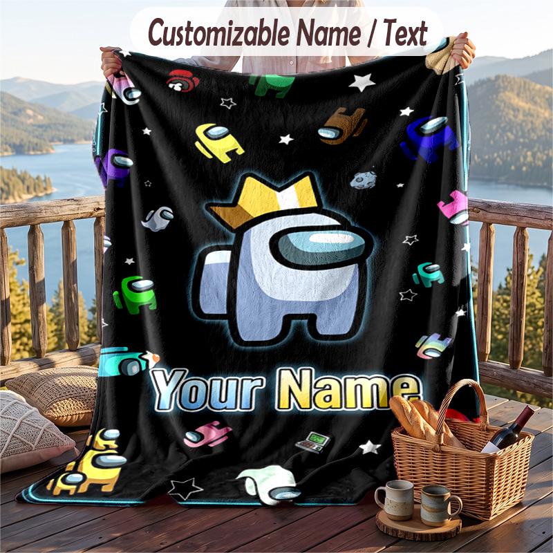 Among Us Flannel Blanket, Personalized Custom Name Text, Soft Warm Plush Throw Blanket For Gift