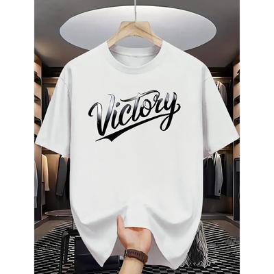 European Size Men'S Casual Summer Graphic T-Shirt - Short Sleeve, Round Neck, "Victory" Print, Lightweight Cotton Blend, Regular Fit, Machine Washable