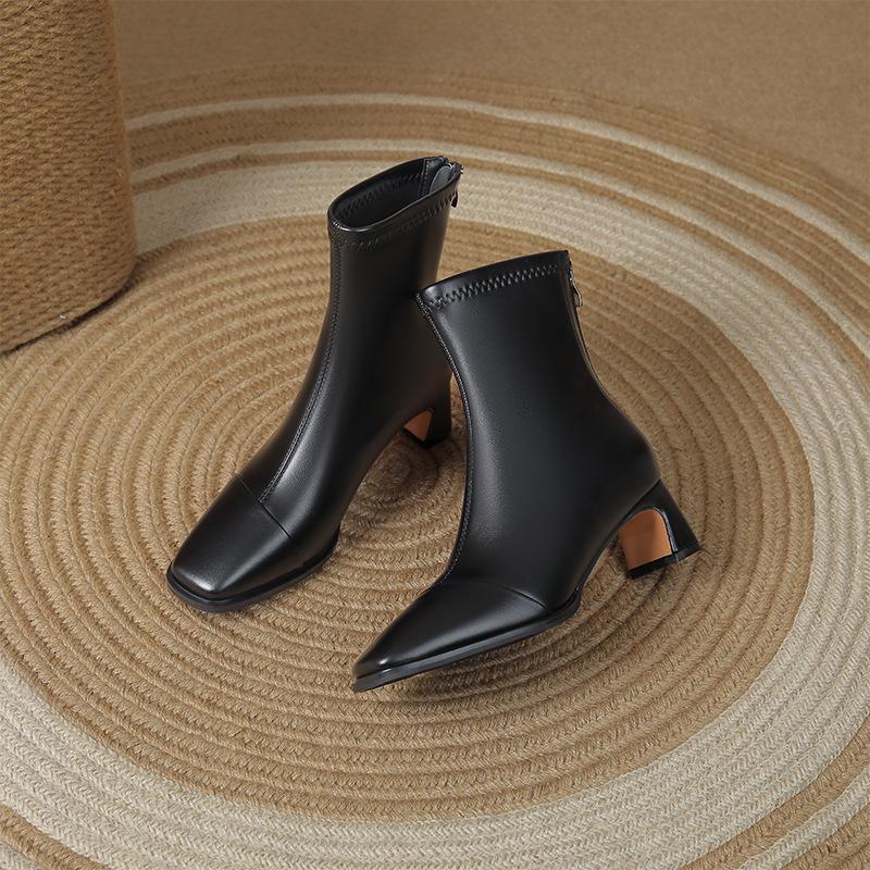832-2 square head thick heel single boots rear zipper Martin boots 2025 autumn and winter new high heel versatile short boots bare boots