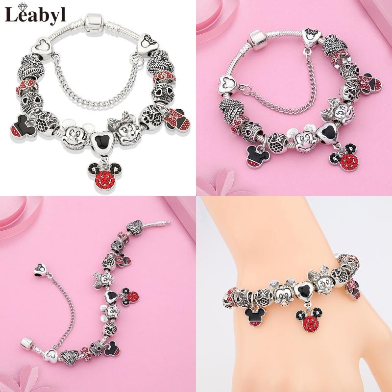 Potdemiel Pink Enamel Crystal Minnie Charm Bracelets Silver Color Heart Cartoon Bead Jewelry for Women Girl Gift