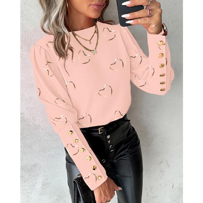 JKASHDK Women's Fashion Casual Spring Autumn Love Letter Print Long Sleeve O-Neck Blouses & Shirts