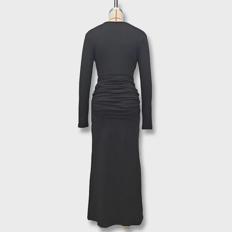 2024 Herbst/Winter Tief ausgeschnittenes Langarm-Maxikleid mit Plissee und hohem Schlitz