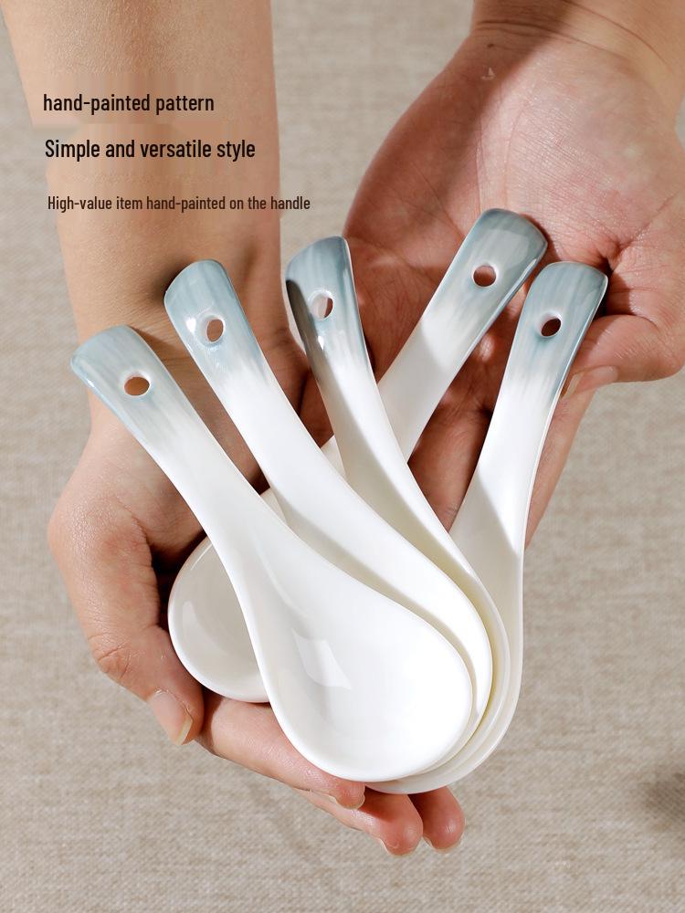 Set of 10 Ceramic Spoons: Perfect for Home Use, Serving Soup, Dining, and Restaurants; Long-Handled and Child-Friendly. Ideal Yan Yu Yao Tableware.