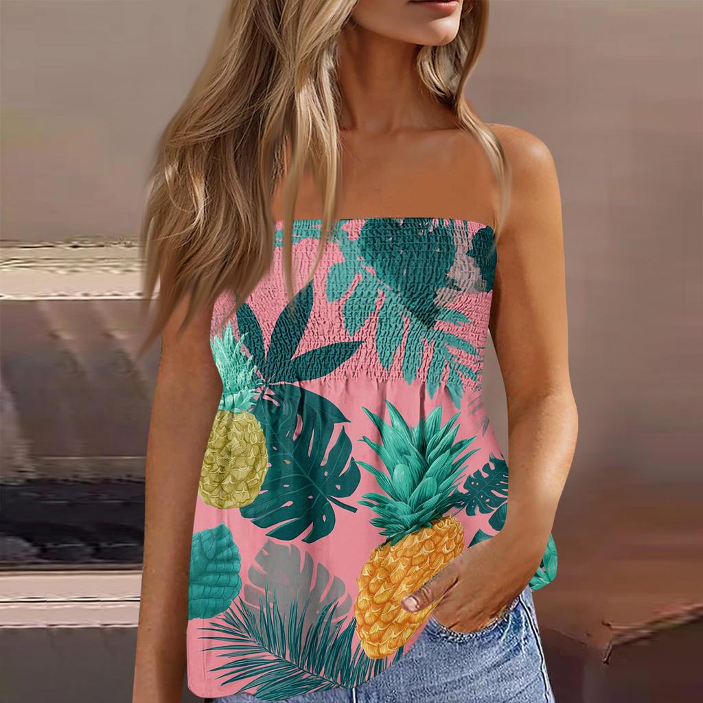 Women's Summer Fashion Strapless Top, Cute and Sexy Off-Shoulder Hawaiian Print Sleeveless T-Shirt