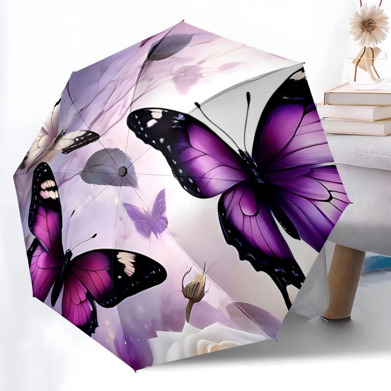 1pc Butterfly Floral Automatic Open/Close Umbrella with Folding Feature Compact Travel Umbrella, Lightweight Design, for Commuting060