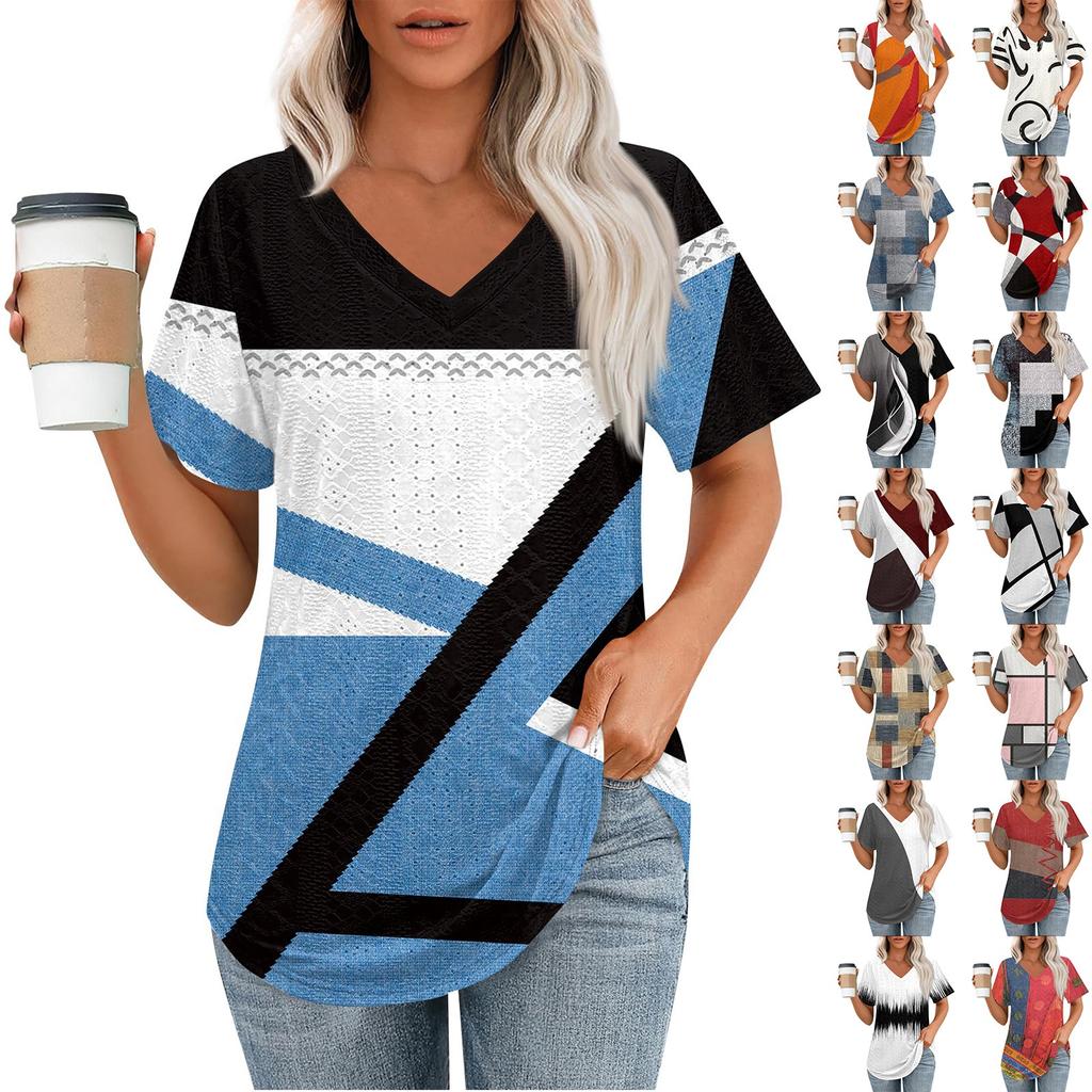 Dámská trička s výstřihem do V, s krátkým rukávem, ležérní topy, volný střih, základní trička se zakulaceným lemem