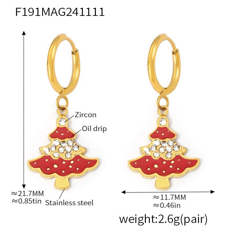 Qiong Yao Zircon-Accented Christmas Tree Jewelry Set: Enamel Necklace, Bracelet, Earrings in Stainless Steel