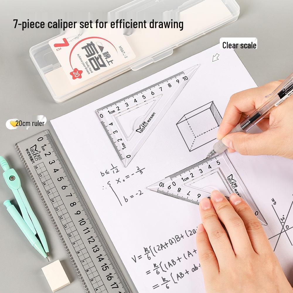 High-Quality Geometry Set: Square, Compass, Ruler & Triangle - 7-Piece Stationery for Primary School Students
