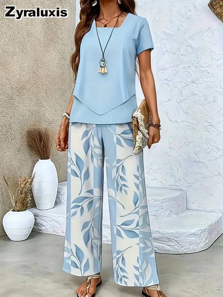 Women's Fashion New Arrivals Printed Top Wide Leg Pants Set