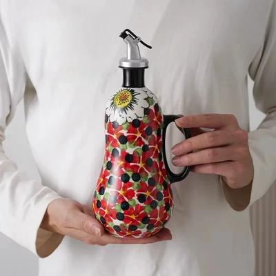 Vintage Floral Ceramic Oil Bottle 600ml, Hand Painted Polish Style Vinegar Dispenser with Handle, Kitchen Decor Cruet