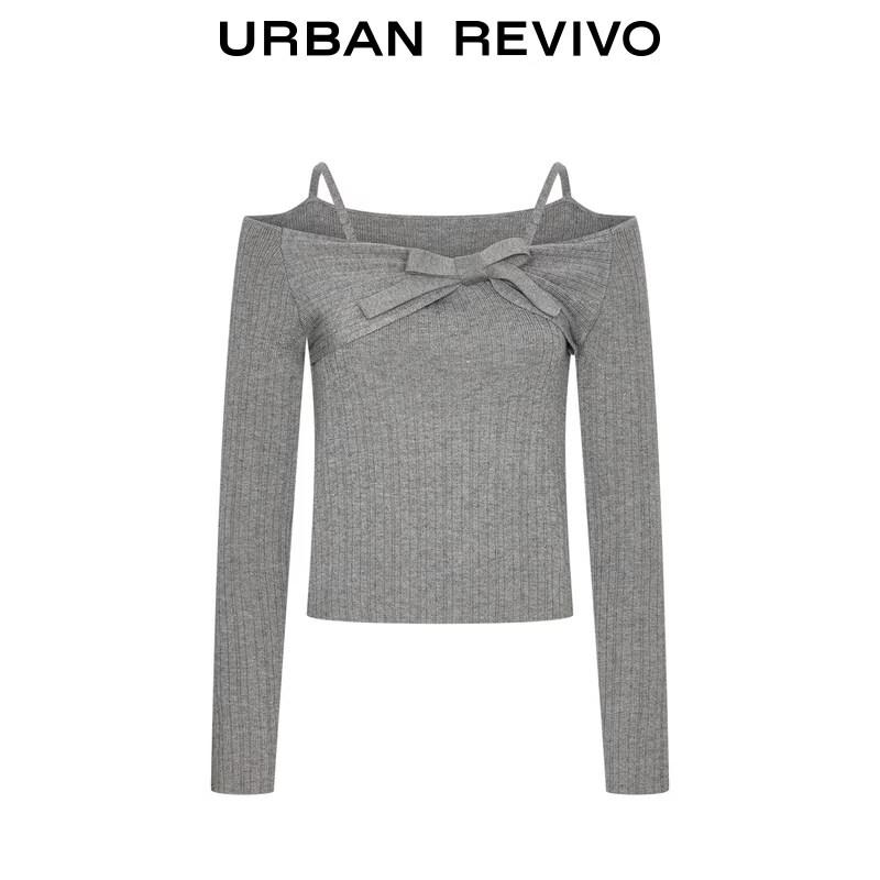 UR 2026 Spring Women's Asymmetric Shoulder 3D Bow Knit Sweater