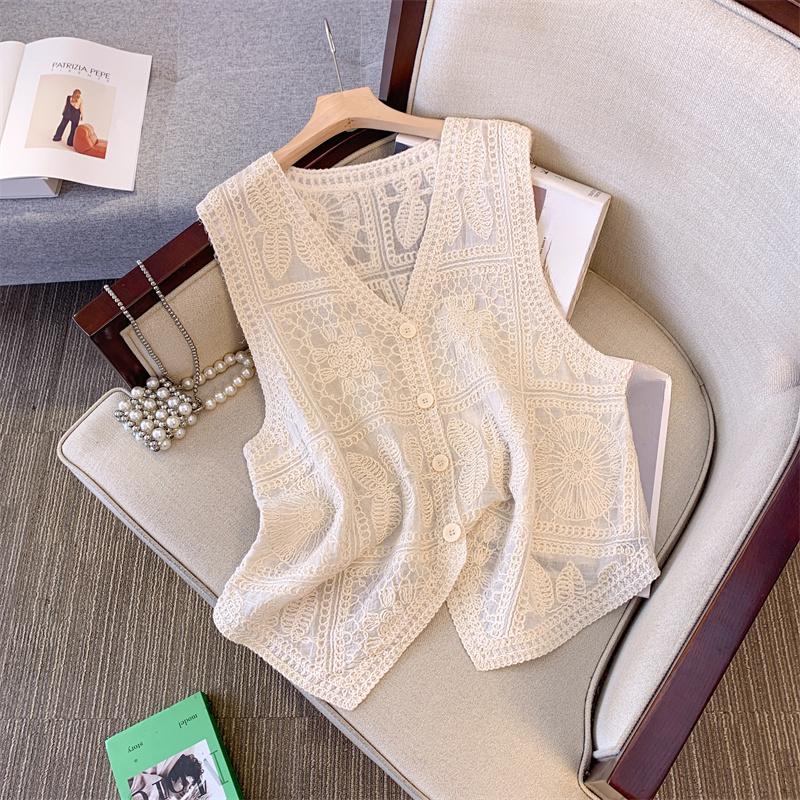 DIMANAF 2025 New Short Vest T-Shirt Women Sleeveless Buttons Knitting Lace Vest V-Neck Summer Style Basic Tops Tees Loose Clothing