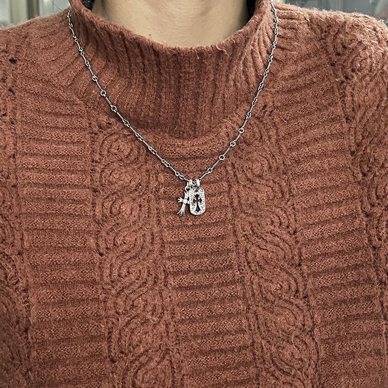 Crowe Necklace Sterling Silver Old Vintage Full Diamond Cross Double Pendant Hip Hop Niche Sweater Chain