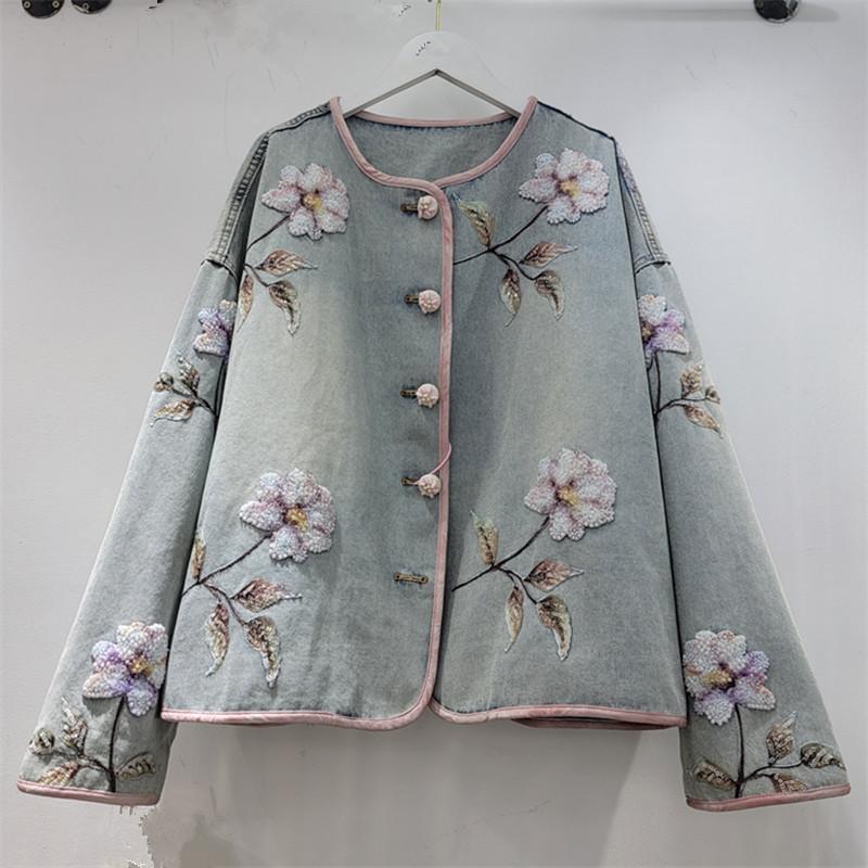 Spring new design sense fashionable round neck contrasting color hemming beaded flower short long-sleeved denim jacket