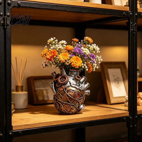 Study Room Decorative Ornament Heart Shape Vase Decor, Resin Flower Pot, Retro Multi Hole Sculpture Planters, Funny Table Centerpiece for Living Desk