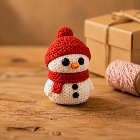 Festive Snowman Decor 3D Printed Knitted Figurine, Christmas Statue with Red Knit Decorative Hat and Scarf, Mini Sculpture for Holiday Desk Decoration