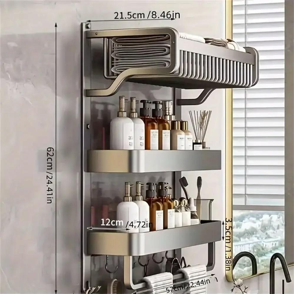 Bathroom Space Storage Towel Items Storage Rack Shampoo Bottle Mouthwash Cup Triple Shelf Wall Hooks Bathroom Accessories
