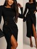 Elegant Retro Slim Fit Skirt with Waist Pleats & Metal Accents