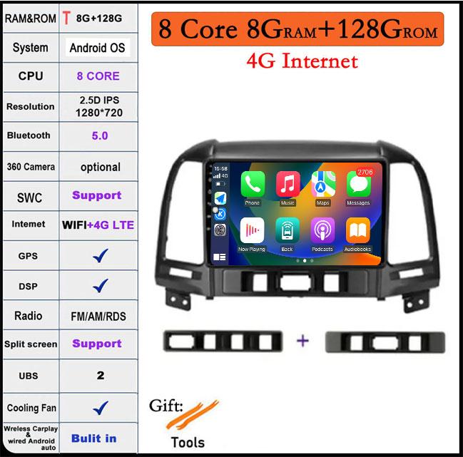 QLED IPS DSP Android 14 For Hyundai Santa Fe 2 2006-2012 Car Wifi 4G Auto Player Radio Multimedia Video Player Navigation