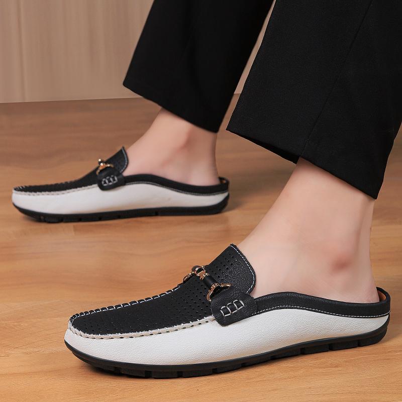 Fashion Men's Breathable Muller Shoes Hollow Out Genuine Leather Slip-On Walking Shoes Fashion Casual Flats Non-Slip Mens Slip on Shoes